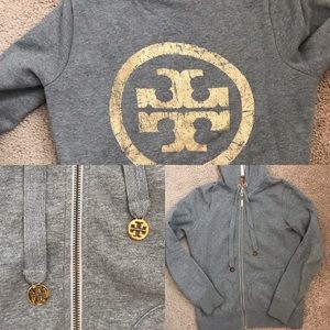 Tory Burch Grey and Gold Logo Hoodie. Sz S.